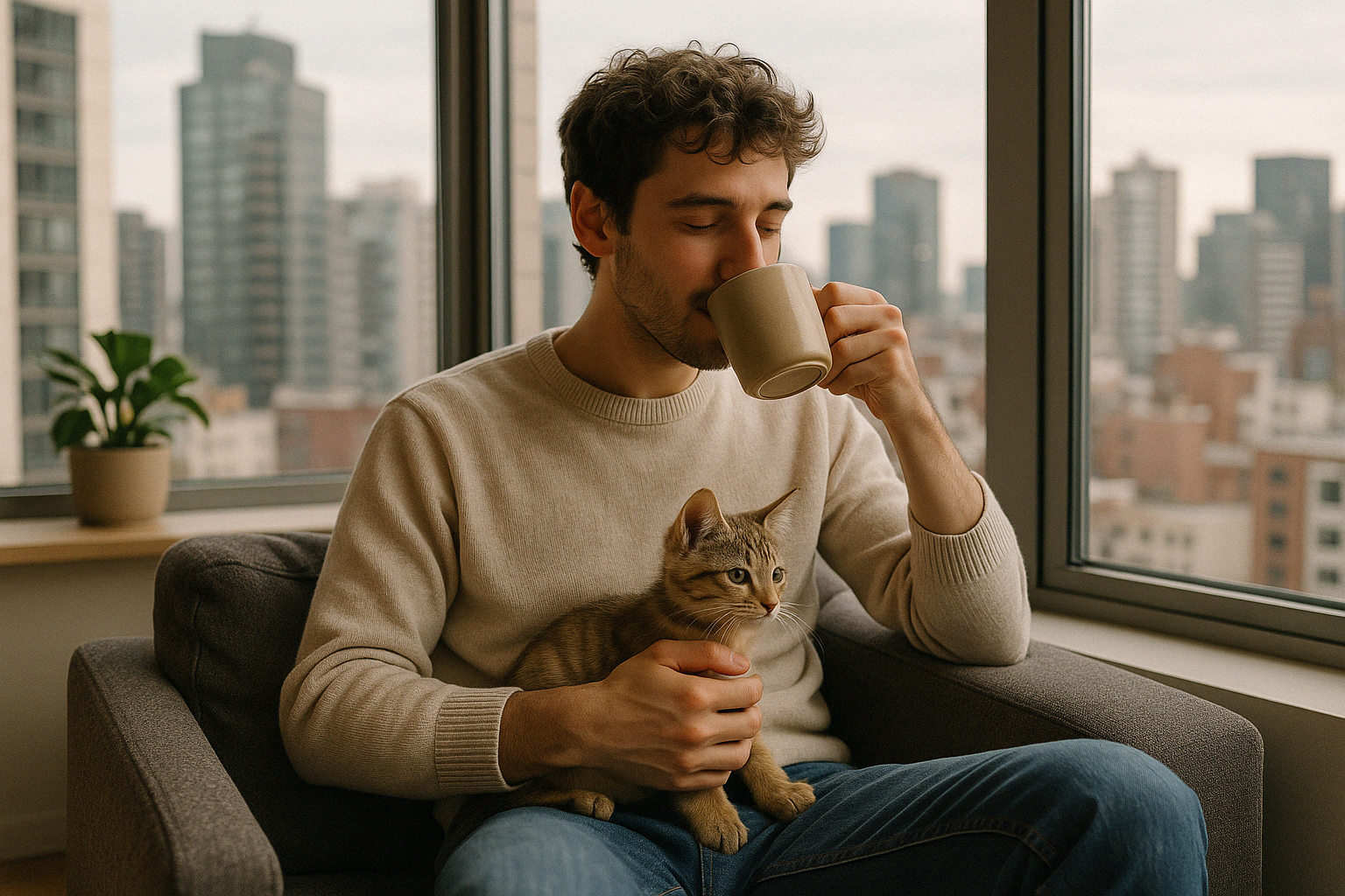 Hombre acariciando gato en adopción